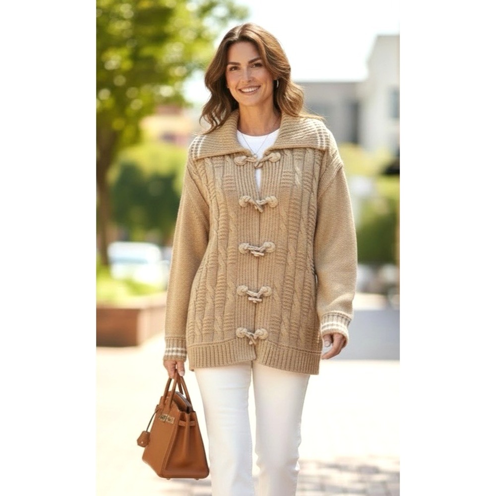 Talbots Cable Knit Coatigan Sweater Womens Size 1X Tan Cotton Gold Toggle New